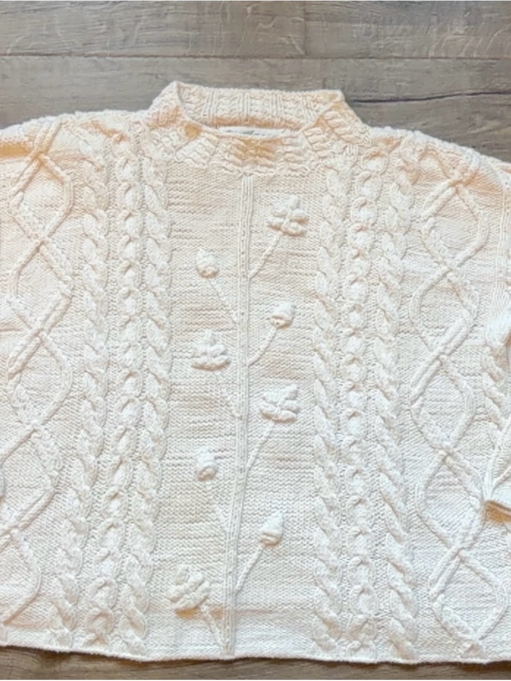 Norm Thompson Cream Cable-Knit Sweater with Floral Appliqué